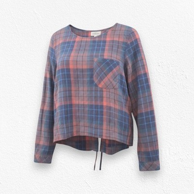 Cloth & Stone Plaid Lace-Up Back Top Scoop Neck Pullover Flannel Top Size Small