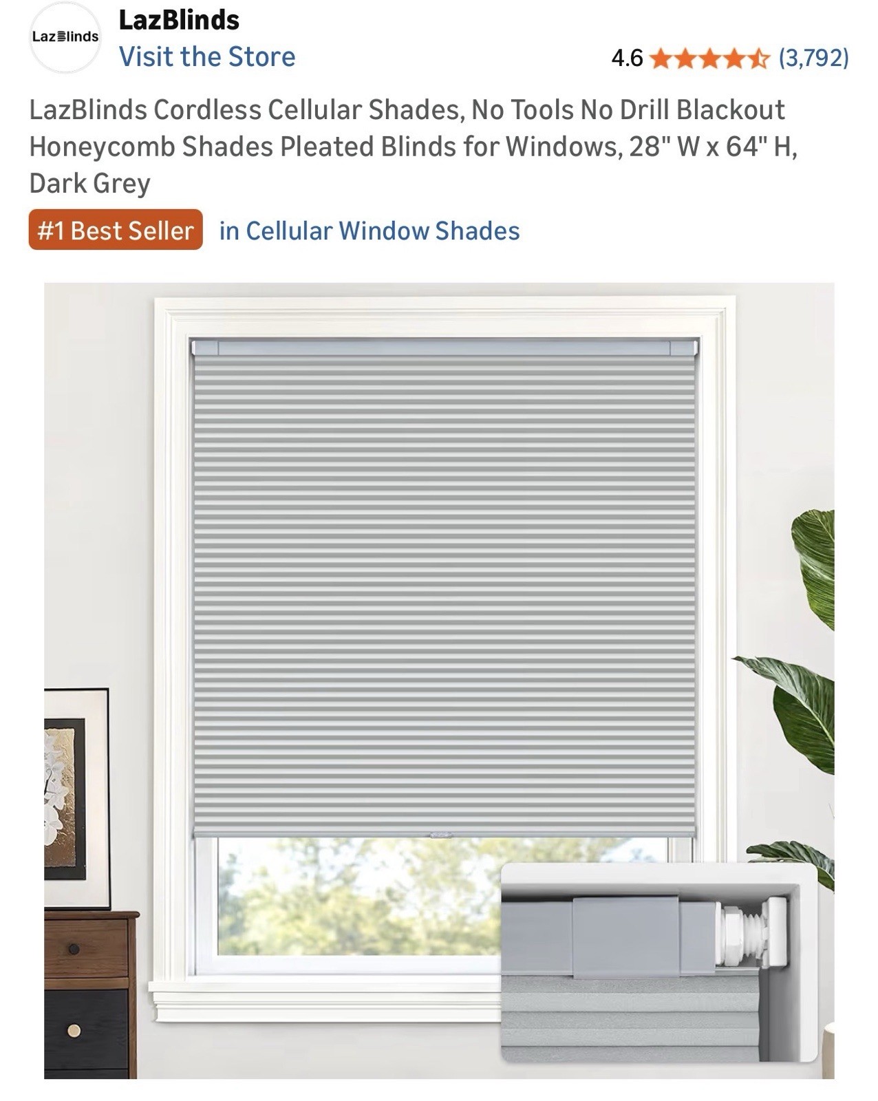 28 In X 64 In Dark Grey Window Shade