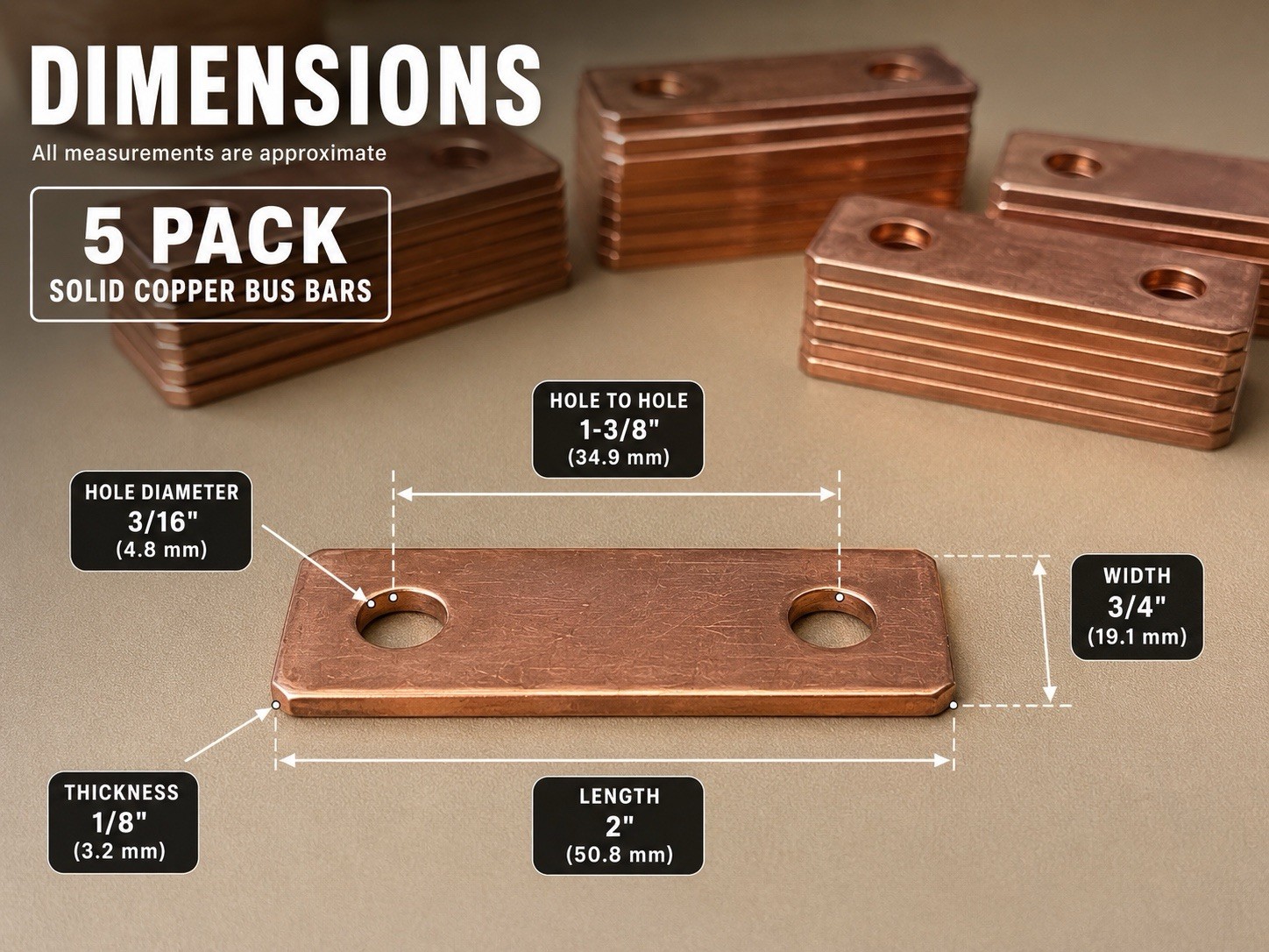 5 Pack Solid Copper Bus Bars Battery Connector Plates 2-Hole Copper Busbar 2"