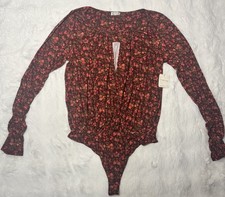 Free People Bodysuit Medium Chocolate Brown Red/Pink Flowers Has Thumb Holes New