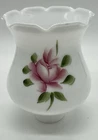 Vintage White Milk Glass Shade Hand Painted Pink Rose Ruffled Edge