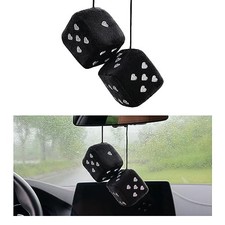 Pair Fuzzy Plush Dice for Car Mirror, 3'' Retro Square Dice with Heart Black
