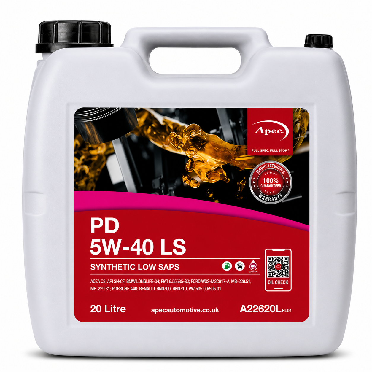 APEC PD 5W-40 LS Fully Synthetic Engine Oil 20L | ACEA C3 BMW LL-04 9.55535-S2