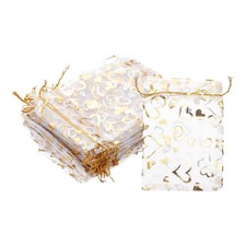 50 Pcs Sacs En Organza Imprimés Coeur Transparent Avec Cordon, Or Argent
