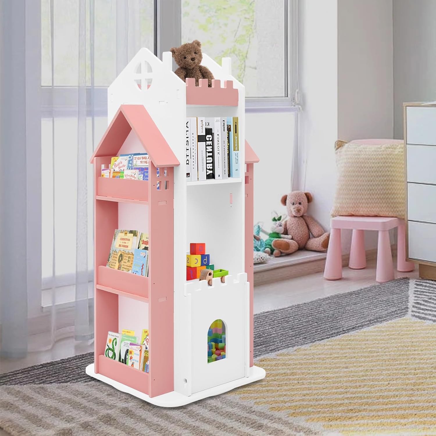 Pink 3 Tier Children's Rotating Bookshelf Book Storage Organize For Kids Room