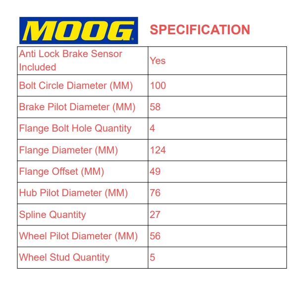 Buje de cojinete de rueda delantera MOOG para 2005-2012 2013 2014 Subaru Outback Legacy con ABS Foto 3 de 4