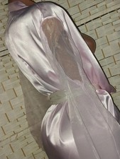 VTG SATIN SHINY PINK SHEER TRANSPARENT ORGANZA SLV LOUNGE BOUDOIR DRESSING ROBE