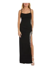 NIGHTWAY Womens Black Strappy Back Rhinestone-trim Sleeveless Formal Dress 6