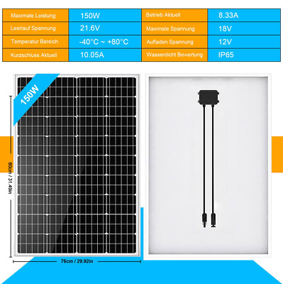 150W Monokristallin Solarpanel, 80x76x3 cm, 7.5 kg, Hochleistung & Langlebig