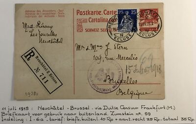 SWITZERLAND 1918 PS CARD 10 Rp. + STAMP 25 Rp. REGISTERED TO BELGIUM - VF 