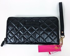 MACBETH BLACK QUILTED NYLON ,GOLD ACCENT,ZIP AROUND PASSPORT WALLET,WRISTLET-$72