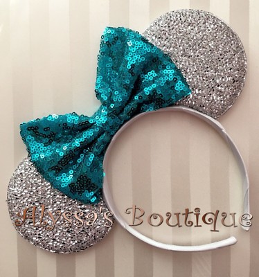 NEW Minnie Mouse Headband Sparkly Silver Ears Big Teal  display picture 3