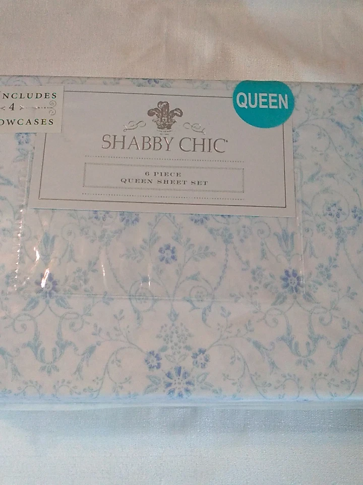 Juego de sábanas Rachel Ashwell Shabby Chic 6 piezas Queen blanco azul floral Foto 2 de 4
