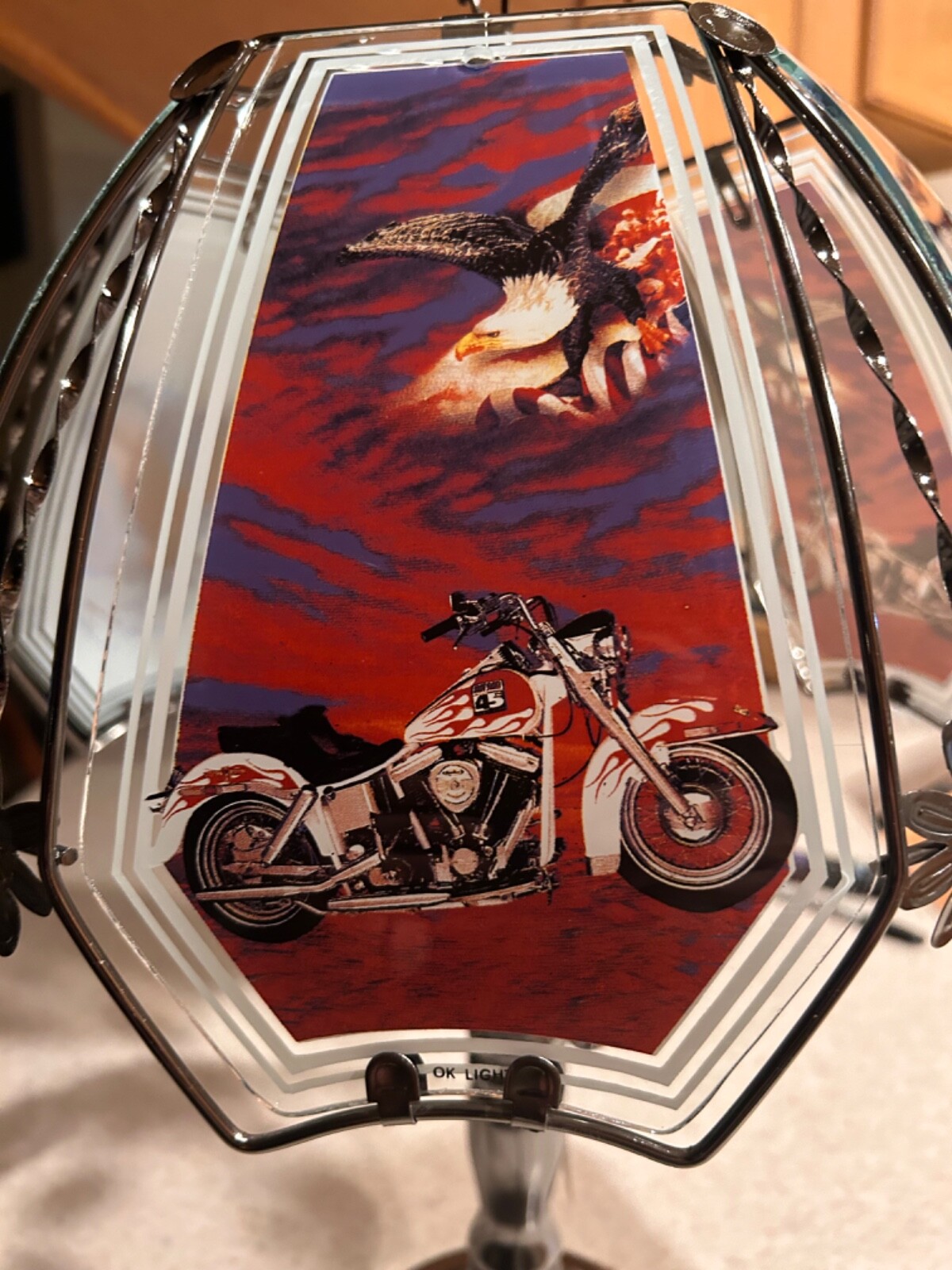Vintage OK lighting Touch lamp Glass Panels & Shade Motorcycle Eagle USA NEW