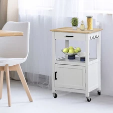 Rolling Kitchen Cart with 3 Hooks MDF Frame Microwave Stand Island, White