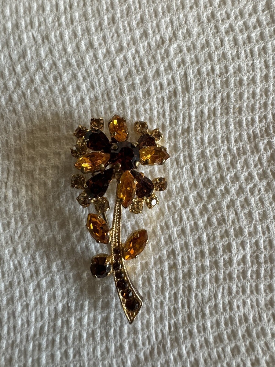 Vintage Western Germany Flower Pin Brooch Broach Amber Rhinestones
