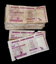 100 x Zimbabwe 5 Billion dollar agro cheque banknotes-DAMAGED / POOR CONDITION