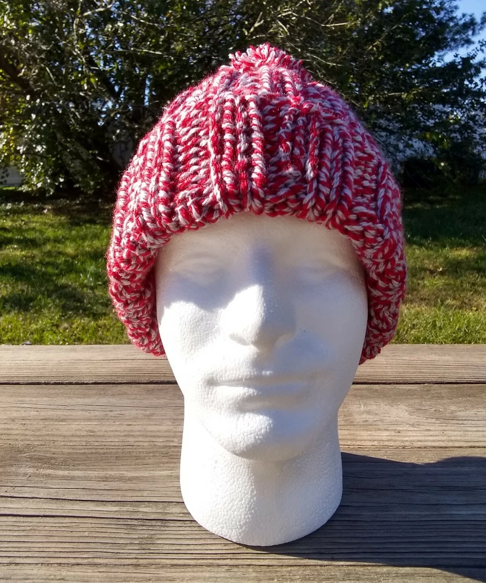 Sailor Wide Cuff Rib Beanie Hat Cap Pompom Handmade Knit Red Gray Men's Unisex