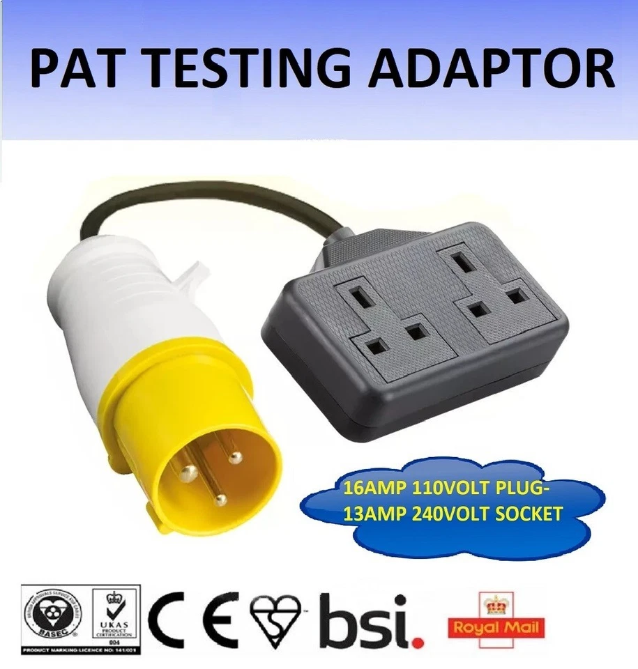 16 AMP 110V PLUG - 240V 13 AMP 2 GANG SOCKET ADAPTOR PAT TEST TESTING LEAD