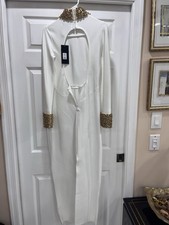 White Maxi Dress Gold Beaded Collar & Cuffs Cut Out Back Long Sleeve