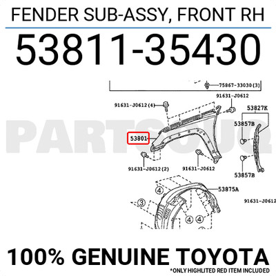 5381135430 Genuine Toyota FENDER SUB-ASSY, FRONT RH 53811-35430 | eBay