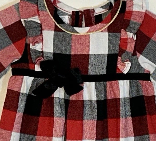 Vestido Mudpie Bebé Niña 3-6M Mangas Largas Rojo Cuadros Negro Terciopelo Cinta/Arco Usado en Excelente Condición Foto 3 de 4