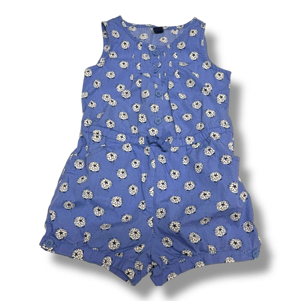 Gap Girls Romper Cabana Blue Floral Size 4 Cotton Buttons Pockets - Image 2 of 4