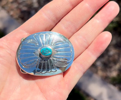 Navajo Shiny Sterling Silver Oval Belt Buckle Turquoise Sunburst