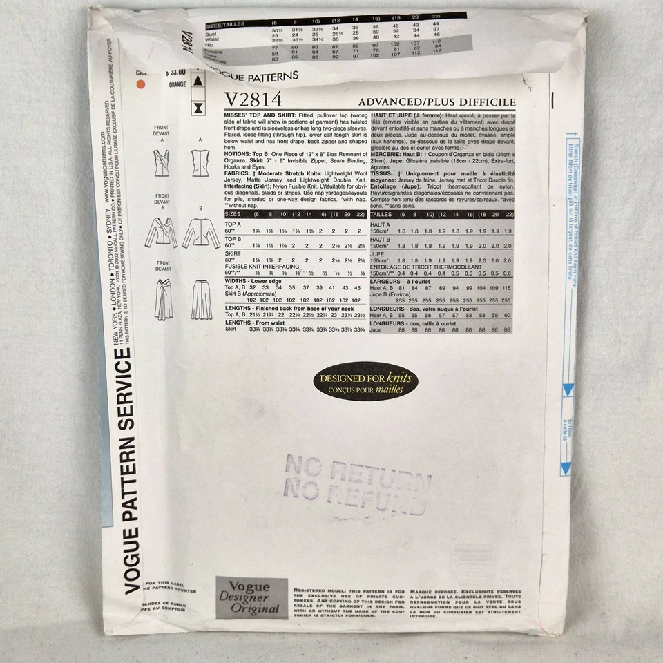 ISSEY MIYAKE Vogue Designer Original Top & Skirt Pattern V2814 Uncut Opened - Image 2 of 4