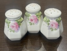 VTG 3 Hand Painted Porcelain Salt  Pepper Shakers - Hexagonal Pink Roses Gold