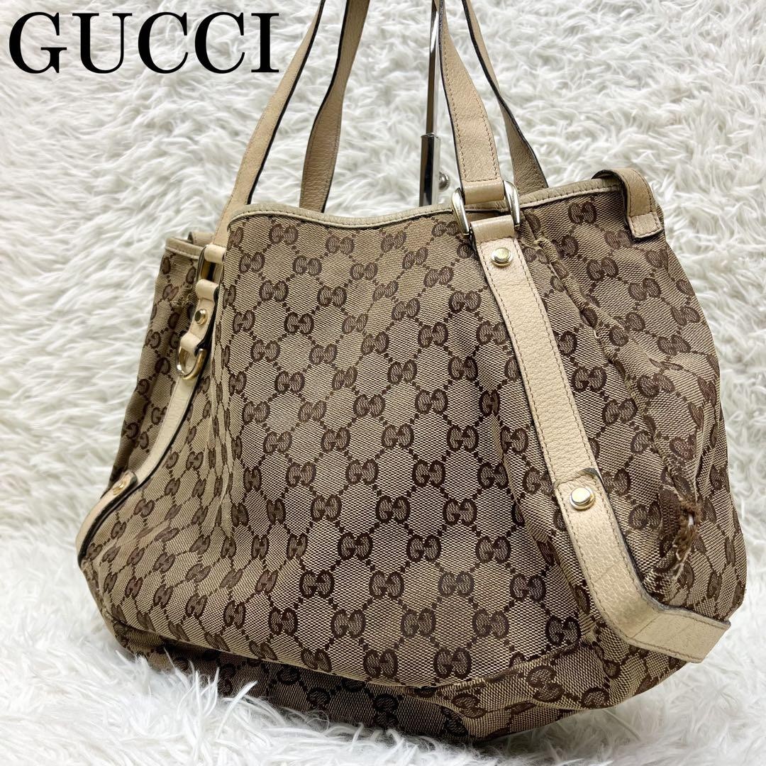 GUCCI GG Tote Bag Borsa a Mano Turnlock Pelle Tela Beige Bianco Oro Ferramenta Giappone