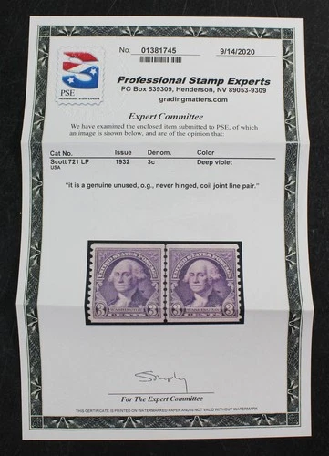 CKStamps: US Stamps Collection Scott#721 Mint NH OG Line Pair PSE Cert