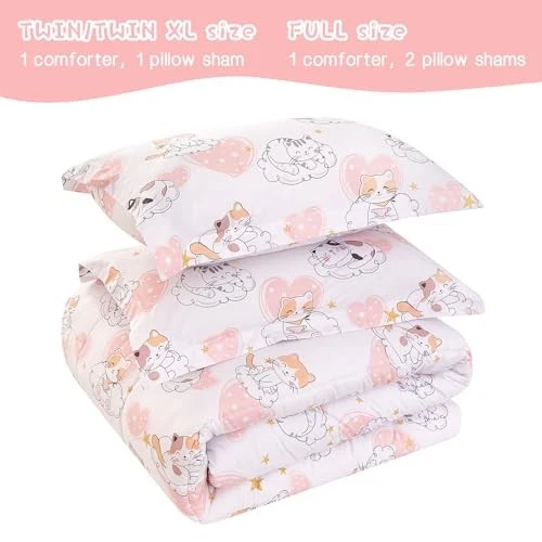  Juego de edredón Cat Kids para niñas gemelo, lindo acolchado rosa estampado de corazón  Foto 4 de 4