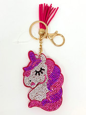 Pink Rhinestone Unicorn Bag Charm Keychain Gold Tassel Backpack Clip READ