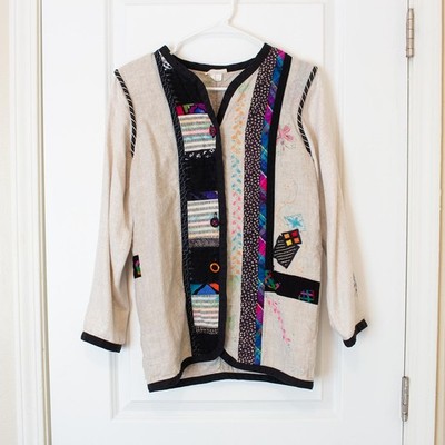 Linen Blend S VTG Lagenlook Lynn Murray Patchwork Pattern Art Boho Blazer FLAW