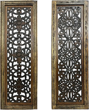 Floral Hand Carved Wooden Wall Panels Set of 2, Rustic Brown