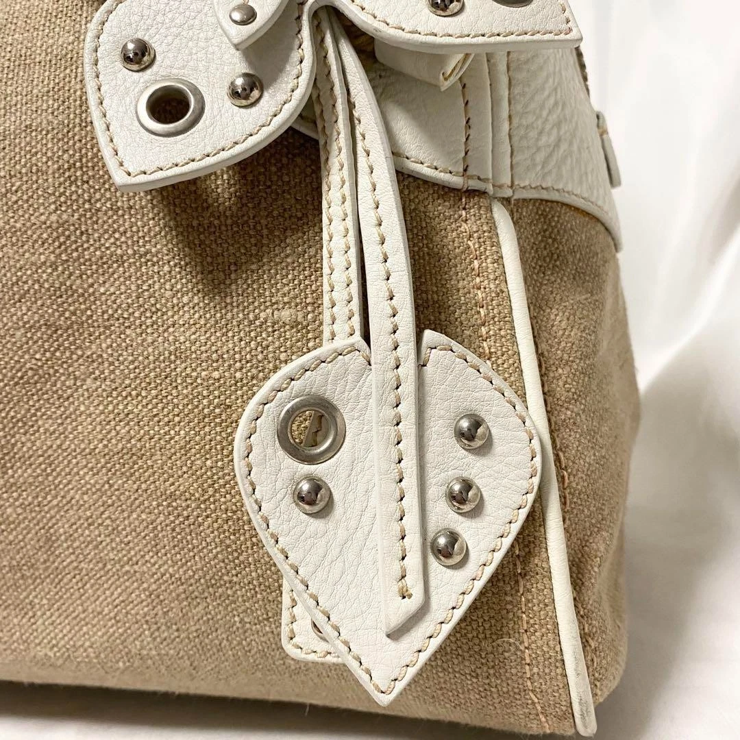 Borsa MIU MIU Flower Matelasse Tote Tracolla Beige Pelle Naturale Borchie Tela