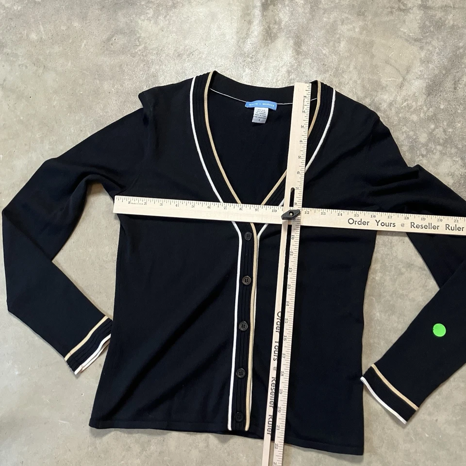 Suéter blanco + Warren para mujer talla S negro mezcla de seda cárdigan abotonado cuello en V Foto 3 de 4