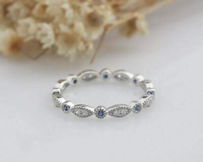 2ct Lab-Created Blue Sapphire Band Milgrain Full Eternity 14k White Gold Plated
