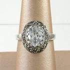 .925 Sterling Silver CZ Ring w/ Marcasite Accents Oval Vintage Style sz 7.5