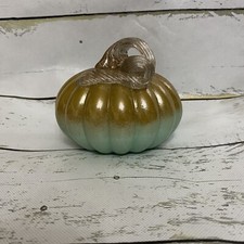 NEW Hand Blown Art Glass Pumpkin Gourd Teal Green Gold Glitter Stem 5” Decor
