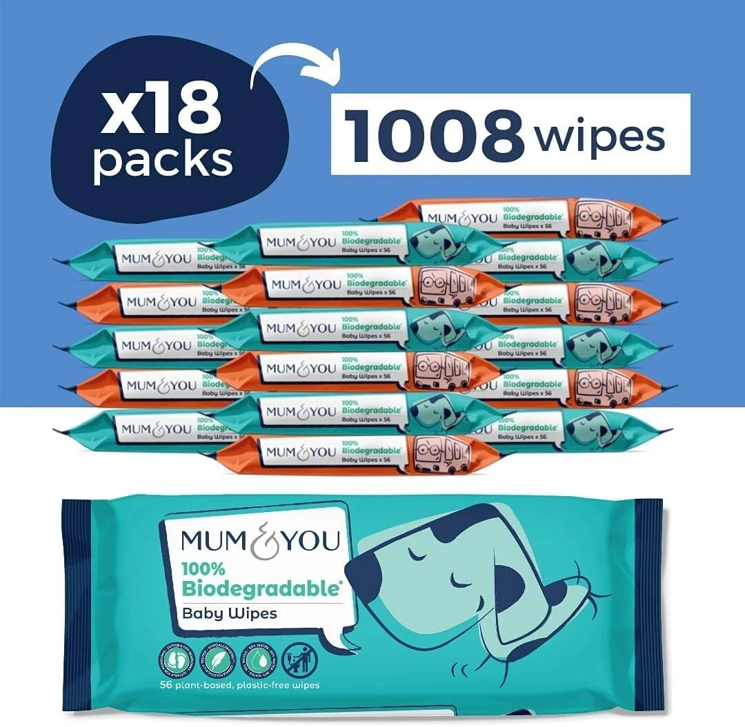 Mum & You Baby Wipes 1008 (18 Packs) Hypoallergenic 100% Biodegradable Multipack