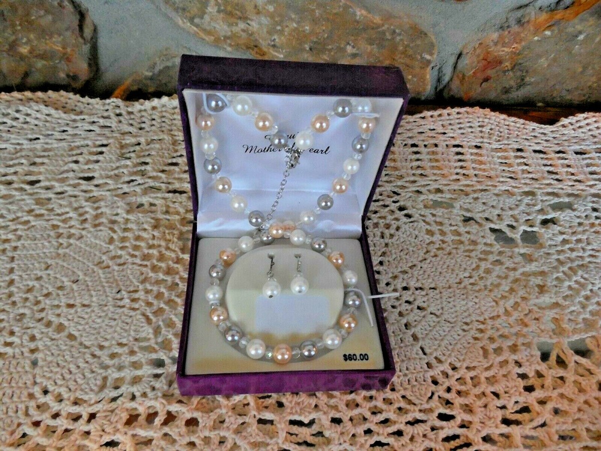 Fine Silver Plated Genuine Mother of Pearl Necklace Earrings