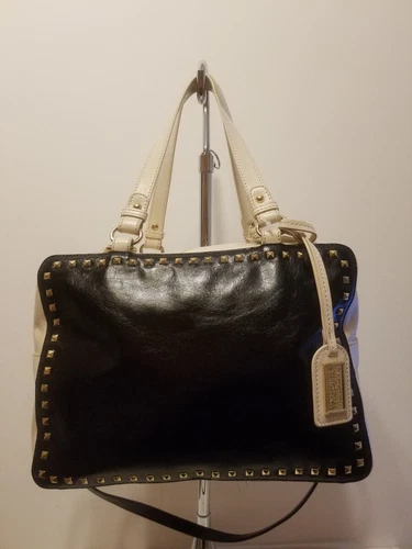 Retail $345  BADGLEY MISCHKA SQUARE LEATHER HANDBAG BLACK & CREAM w STUDS 