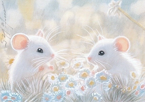 ACEO original pastel drawing white mice with flowers, mouse by Anna Hoff