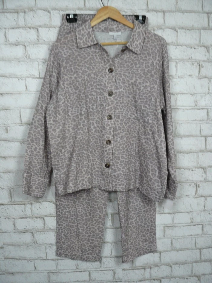 $266 Calme Johnny Was Doble Bolsillo Chaqueta Leopardo Top y Pantalones Conjunto S NUEVO C650