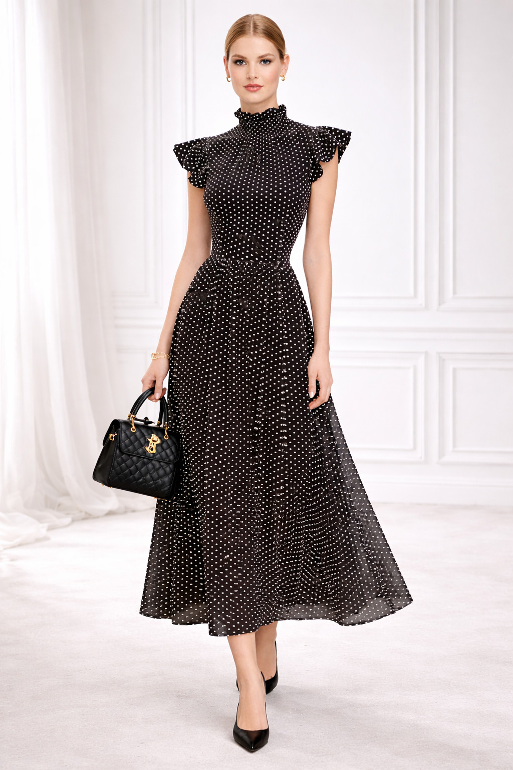 Kate Spade Clip Dot Midi Dress Black White High Neck Ruffle A-Line Silk Blend 6