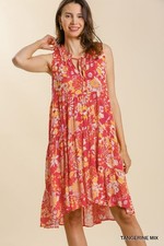 Umgee Tangerine Mix Floral Print Sleeveless Tie Front Midi Dress High Low Hem
