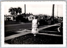 Vtg B&W Snapshot Fashionable Woman In Floral Dress Suburban Street Cars 1953