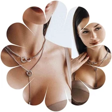 Layered Lariat Chain Necklace Gold Interlocking Circle Necklace Chain Long Bar D